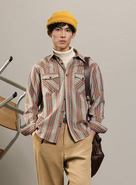 SOARIN美式复古彩虹条纹长袖衬衫男claenfit松弛感双口袋工装衬衣