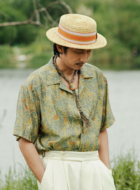 SOARIN英伦风复古印花短袖衬衫男 古巴领休闲薄款透气夏威夷衬衣