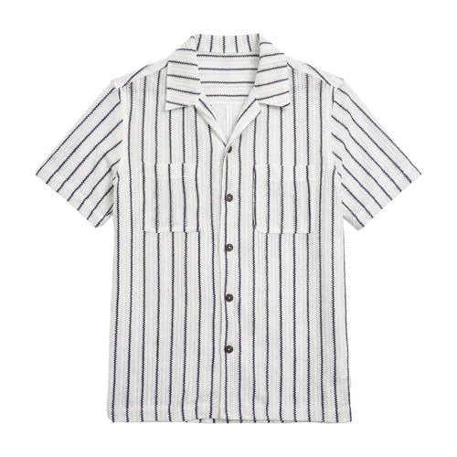 SOARIN复古意式条纹古巴领短袖衬衫夏季肌理双口袋镂空五分袖衬衣