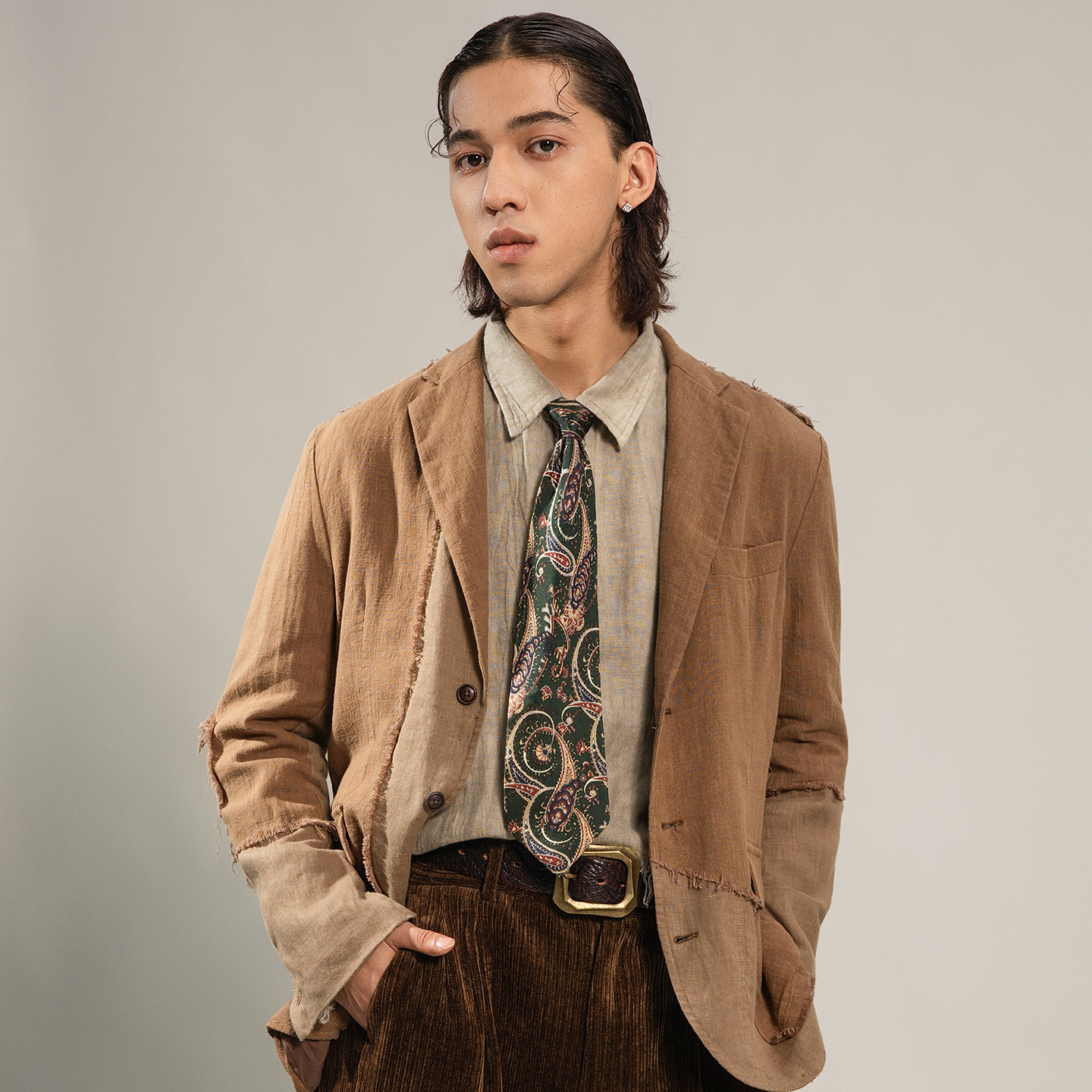 SOARIN独立复古新中式棉麻西装外套男 不规则毛边拼接休闲单西服