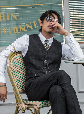 SOARIN意式复古条纹西装马甲男 高级感商务正装免烫黑色马夹背心