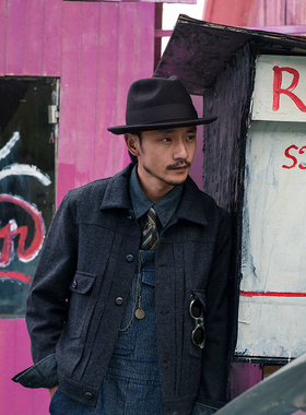 SOARIN复古美式重磅工装夹克男阿美咔叽机车服休闲羊毛呢牧场外套