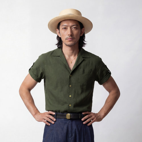 SOARIN英伦复古古巴领短袖衬衫 夏季薄款休闲亚麻五分袖衬衣男