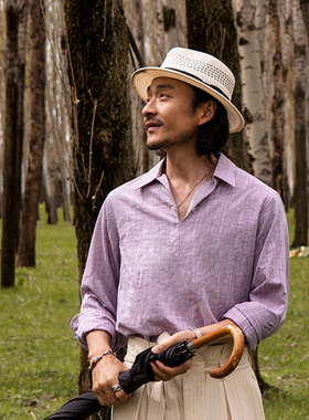 SOARIN英伦风复古肌理纹套头衬衫男夏季薄款休闲宽松纯棉长袖衬衫