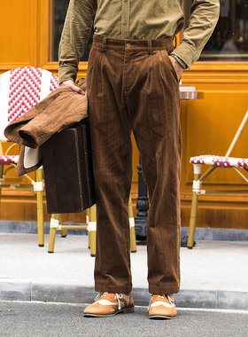 SOARIN英伦风复古灯芯绒宽松裤男 条纹商务休闲直筒阔腿西装长裤
