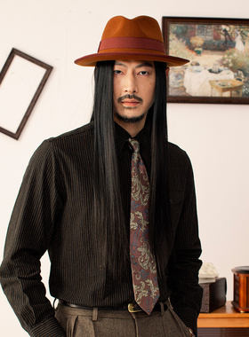 SOARIN英伦复古棉麻长袖衬衫男 黑色竖条纹商务休闲提花西装衬衣