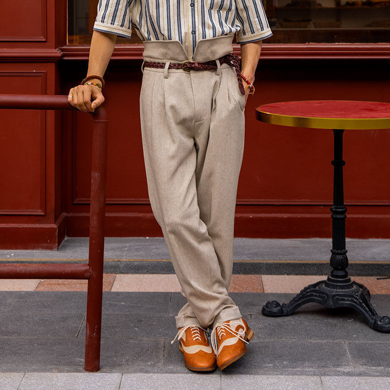 SOARIN英伦风复古亚麻九分裤男 荷叶边痞帅休闲直筒9分高腰西装裤