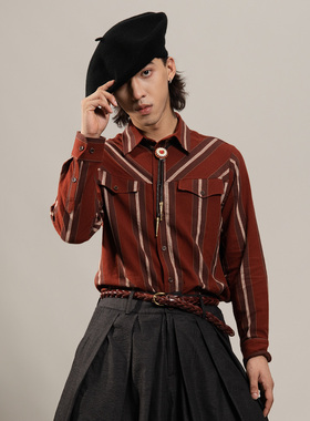 SOARIN美式复古红色大条纹长袖衬衫男阿美咔叽西部风休闲工装衬衣