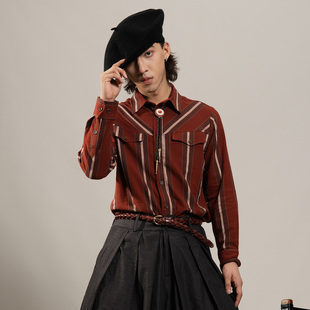 SOARIN美式复古红色大条纹长袖衬衫男阿美咔叽西部风休闲工装衬衣