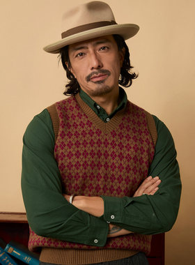 SOARIN复古老钱风菱格费尔岛毛衣背心男 英式提花针织衫马甲坎肩