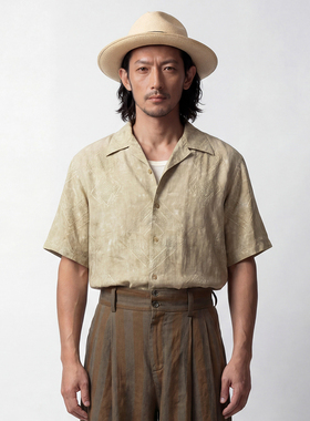 SOARIN复古菱格纹镂空古巴领短袖衬衫男老钱风薄款透气五分袖衬衣