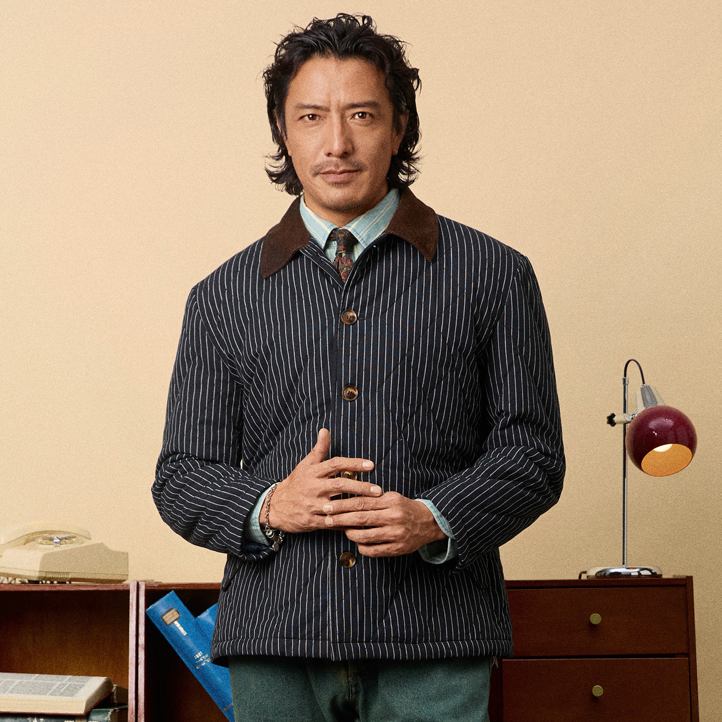 SOARIN美式工装复古内胆夹棉外套男 保暖菱形绗缝条纹棉袄夹克