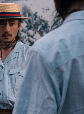 SOARIN复古美式古巴领短袖衬衫男 阿美咔叽双口袋硬汉五分袖衬衣