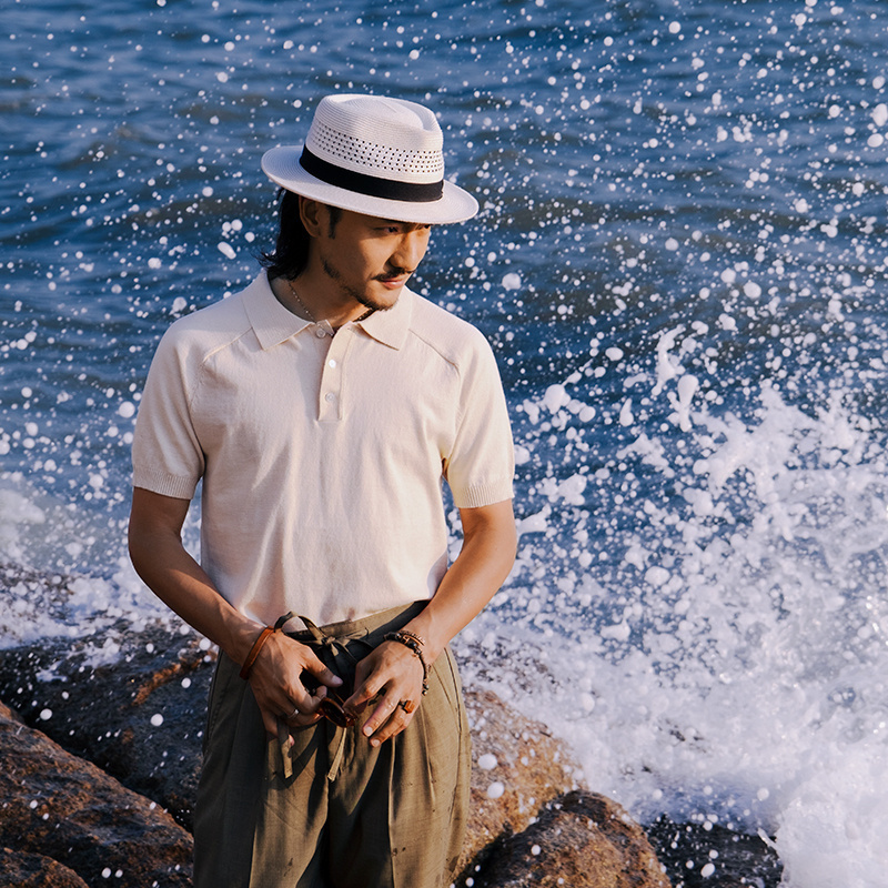 SOARIN英伦风复古针织polo衫男 轻奢商务休闲修身透气翻领短袖T恤