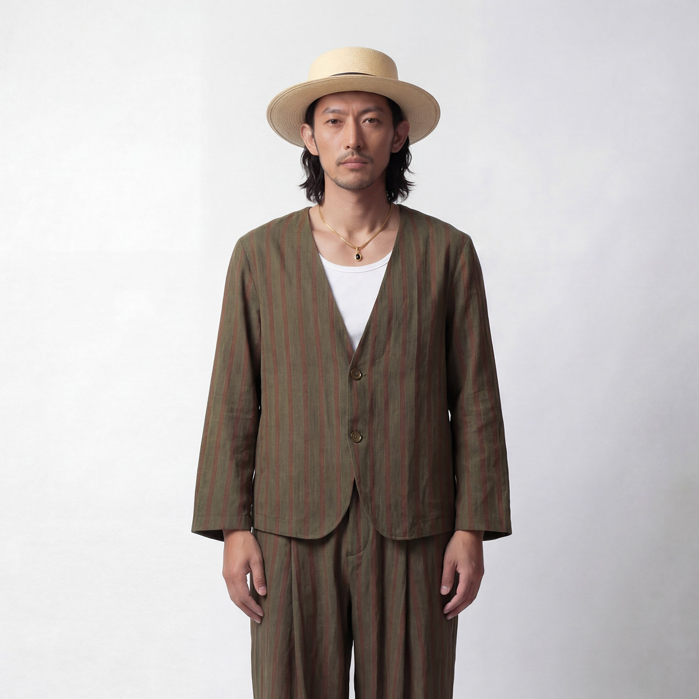 SOARIN复古老钱风无领条纹西装 男棉麻透气轻薄休闲松弛感外套