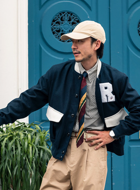 SOARIN美式复古经典棒球服外套男阿美咔叽休闲呢子飞行员夹克上衣