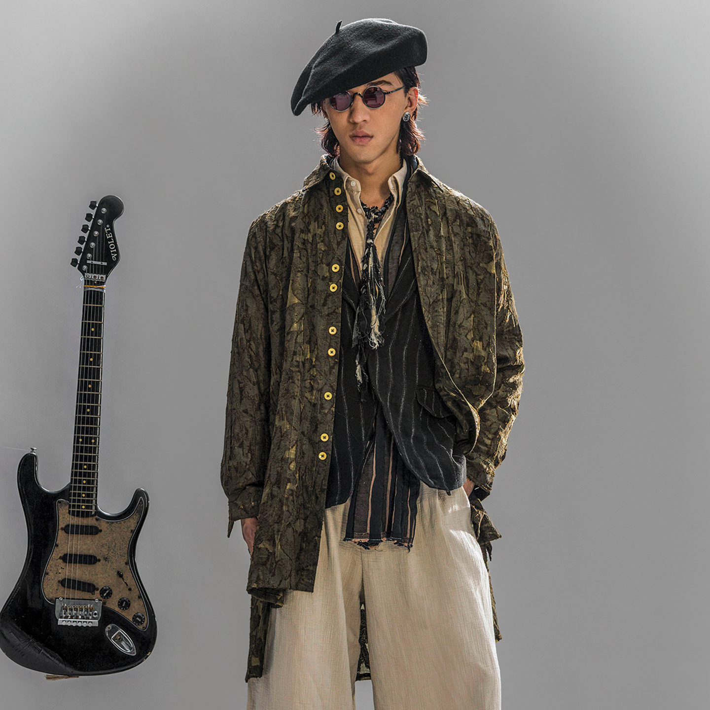 SOARIN独立复古碎花中长款衬衫男新中式雅痞肌理感乞丐风外套衬衣