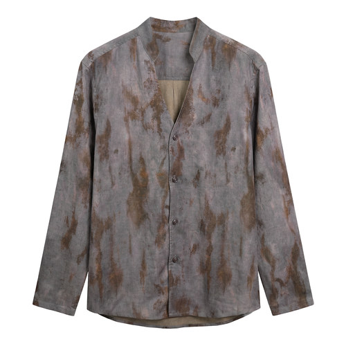 SOARIN复古雅痞立领扎染天丝长袖衬衫男 夏季薄款复古休闲V领衬衣