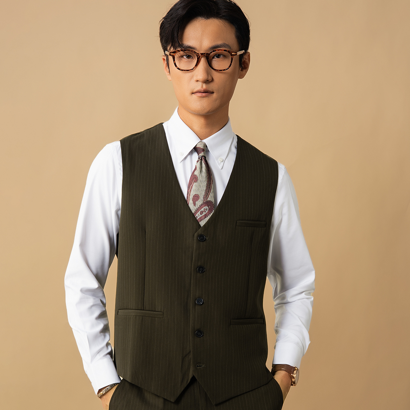 SOARIN英伦复古条纹西装马甲男 轻奢感婚礼商务休闲修身马夹背心