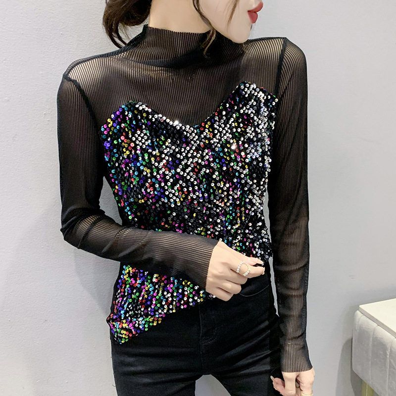 实拍2022年早春新款圣诞新年派对亮片女上衣打底衫长袖T恤女代发