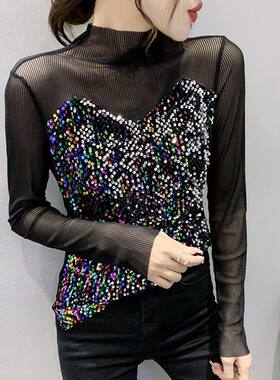 实拍2022年早春新款圣诞新年派对亮片女上衣打底衫长袖T恤女代发