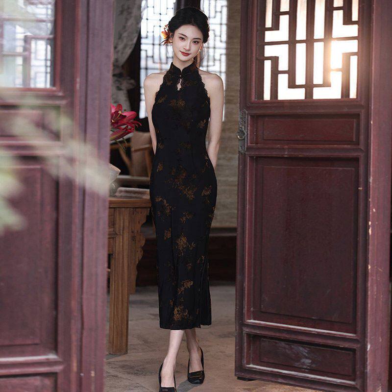 夏季新中式黑色礼服年轻改良旗袍旗袍