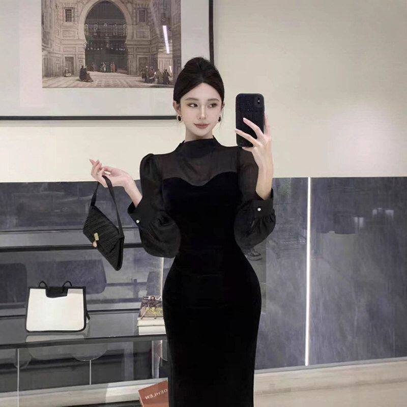 连衣裙奢小众年会黑色风长袖女赫本晚修身秋冬季礼服裙高端轻丝绒