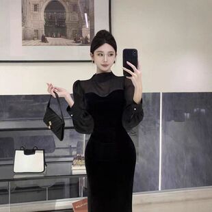 连衣裙奢小众年会黑色风长袖女赫本晚修身秋冬季礼服裙高端轻丝绒