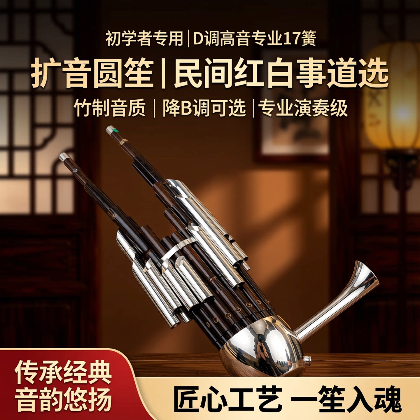笙乐器初学者D调高音专业17簧扩音圆笙竹笙民间红白事降B调送笙包