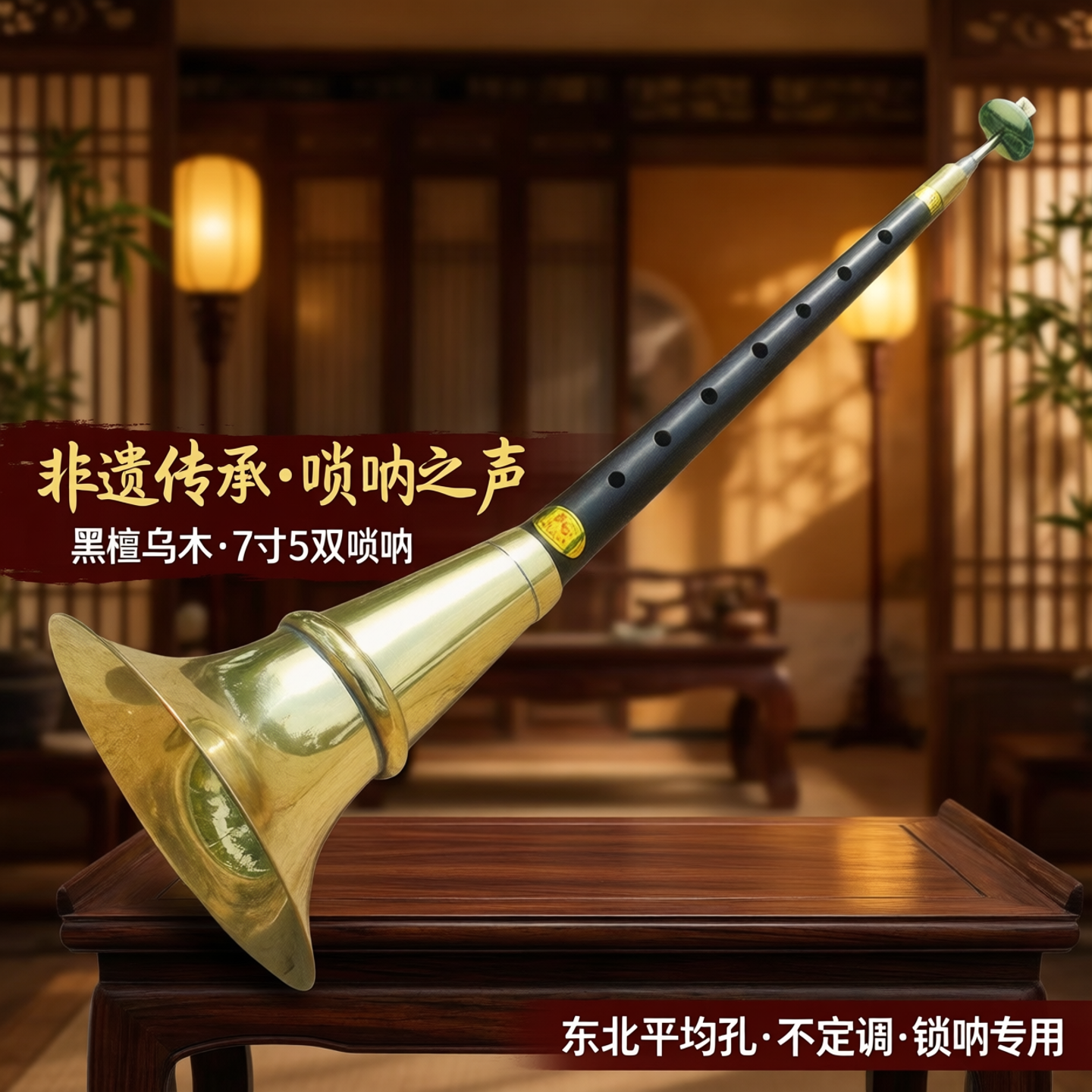 唢呐乐器全套黑檀乌木东北平均孔7寸5双唢呐不定调黄铜碗8寸锁呐