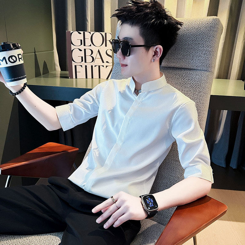 立领短袖衬衫潮牌修身立领男装