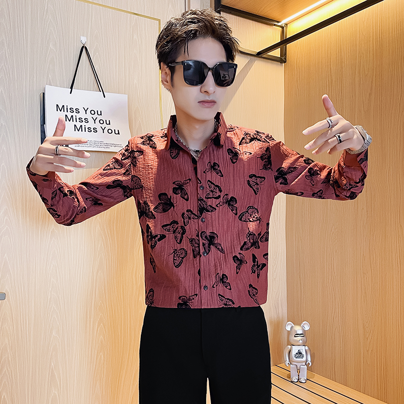 印花长袖衬衫潮牌百搭翻领潮流