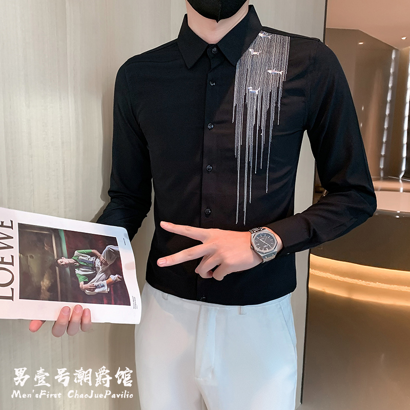 秋装高级感痞帅衬衫长袖男士修身韩版冰丝套装发型师潮牌ins衬衣