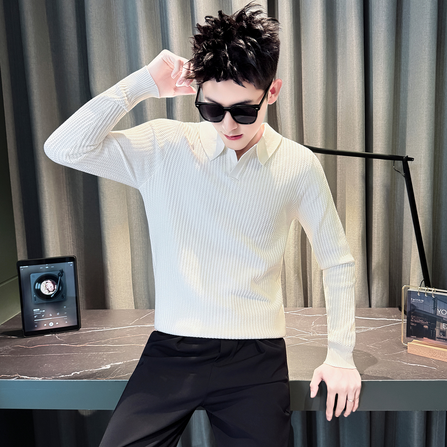 秋冬毛衣男款流行潮牌翻领针织衫