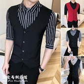 发型师条纹七分袖 衬衫 工作制服 男夏季 酒店KTV足疗服务员酒吧短袖