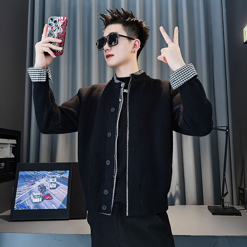 冬季痞帅毛衣男士假两件针织开衫