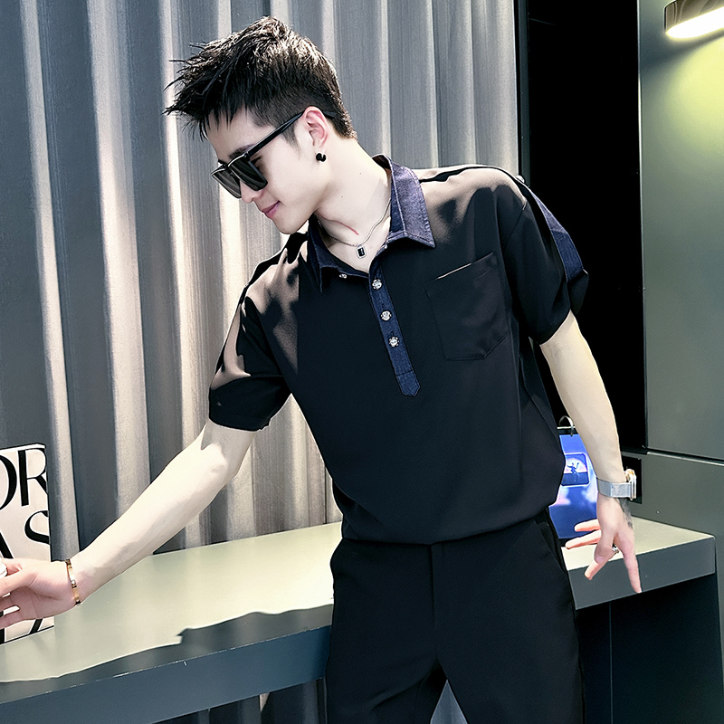 痞帅风短袖衬衫男款冰丝POLO衫领