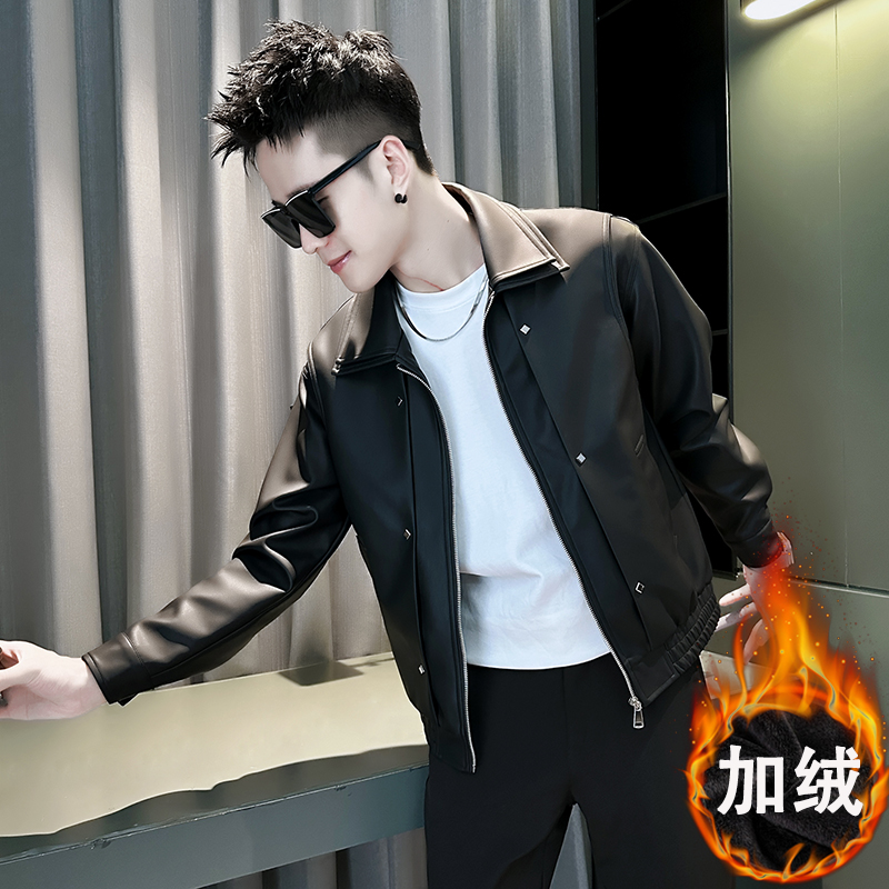 加绒加厚皮衣男装高级感PU皮夹克