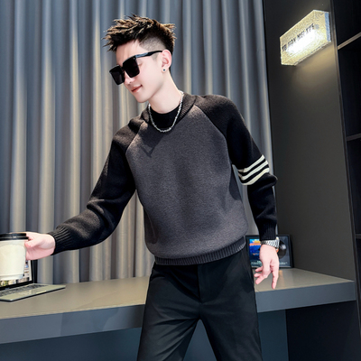 秋冬加厚毛衣男士撞色流行针织衫
