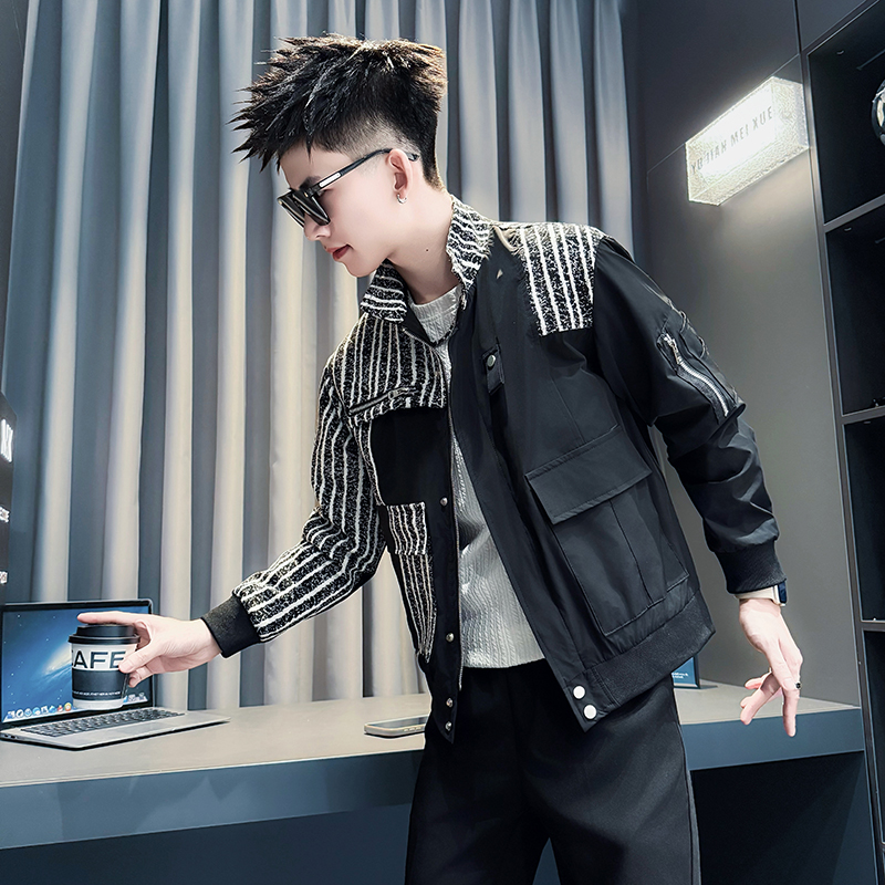今年流行夹克男款痞帅条纹衣服2025新款爆款秋冬修身加厚超火外套