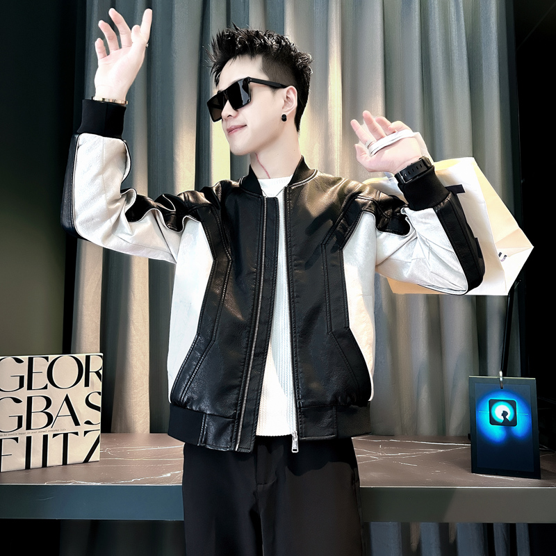 痞帅皮衣男士拼接流行棒球服夹克