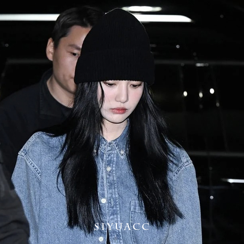 宁艺卓同款黑色针织毛线帽包头帽