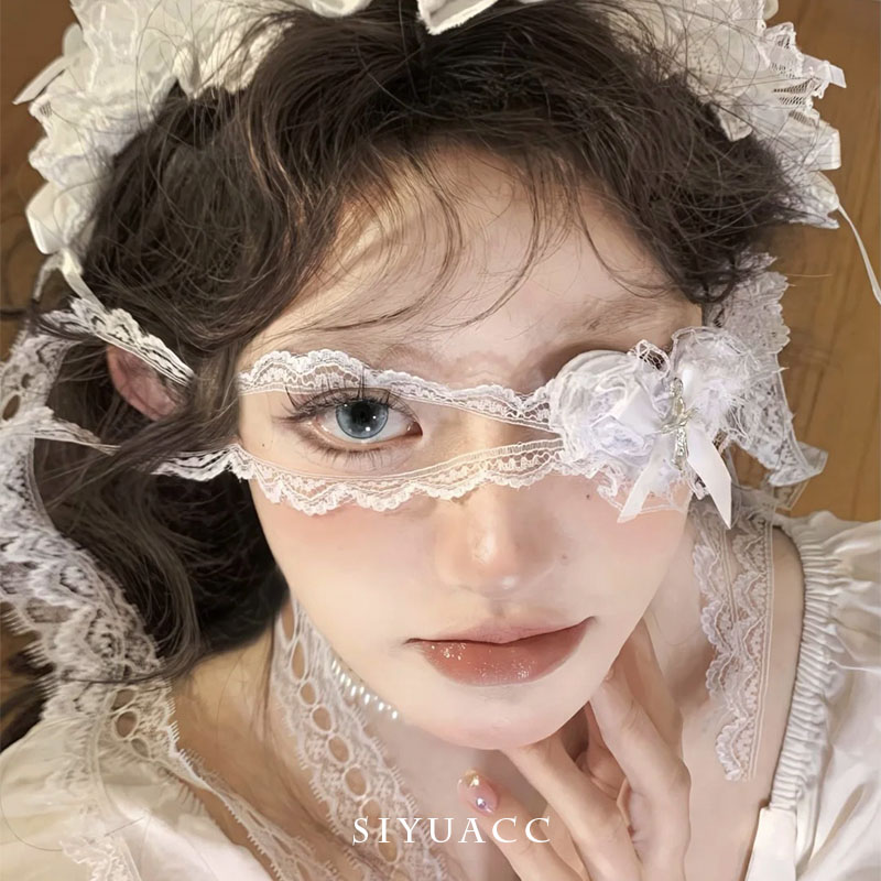 哥特风白色蕾丝爱心蝴蝶结眼罩女