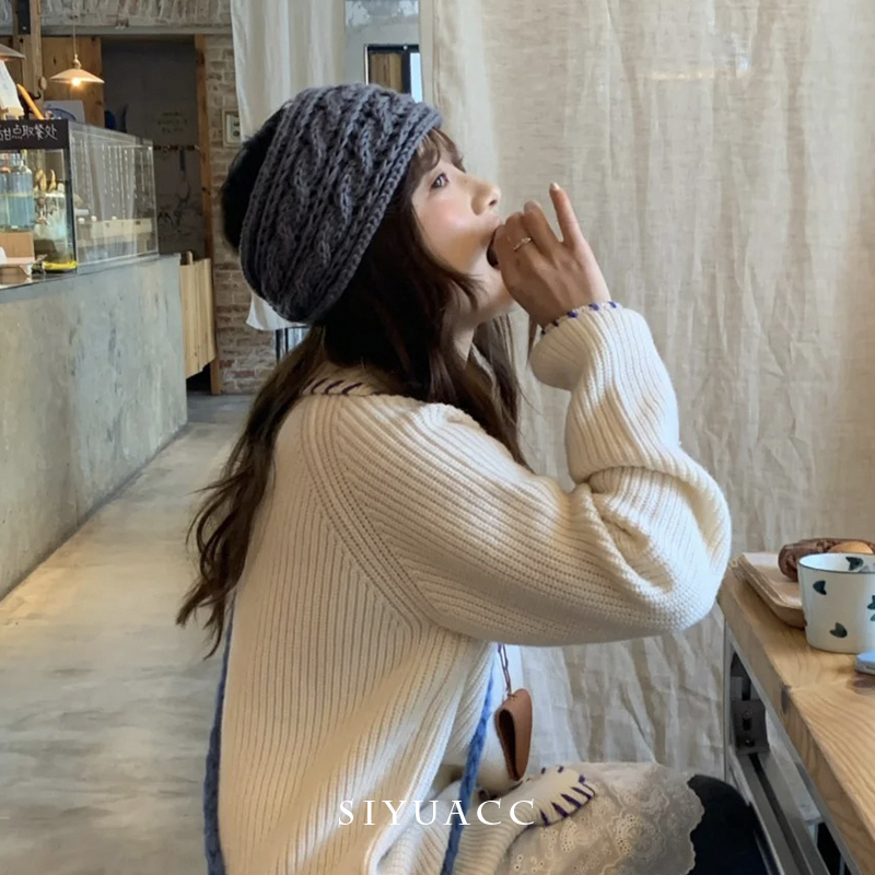 韩版灰色毛线宽边针织发带复古麻花编织保暖头带发箍头饰发饰女