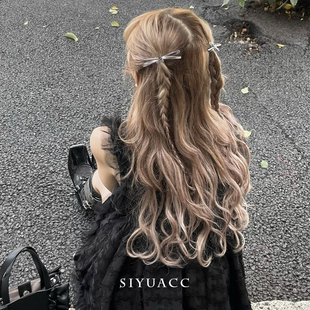 网红同款 银色皮质蝴蝶结发夹芭蕾少女风秋冬丝带绑发发卡头饰发饰