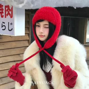 甜美红色法拉绒雷锋帽女冬季保暖防寒护耳帽显白百搭针织毛绒帽