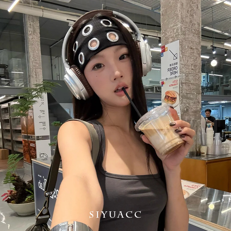 甜酷黑色洞洞发带辣妹复古金属圆孔头带朋克美式弹力带发饰头饰女