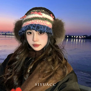 费尔岛风蝴蝶结彩色条纹针织渔夫帽秋冬保暖护耳毛线帽显脸小帽子