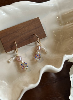 春天来了 小众设计法式甜美可爱耳饰耳钉 紫色淡水珍珠复古耳环