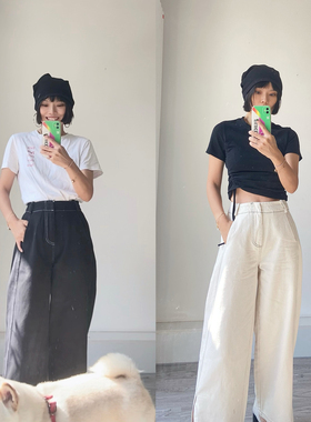 断码清欧美JILS小个子棉质宽松牛仔裤早秋新款休闲阔腿九分裤